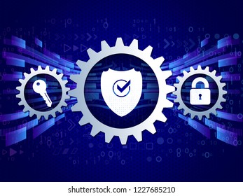 Cyber mechanism with key, shield and padlock for internet protection. Computer data defense. Global network security. Abstract digital business background.
