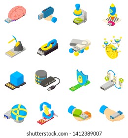 Cyber memory icons set. Isometric set of 16 cyber memory vector icons for web isolated on white background