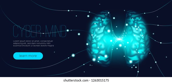 Cyber Mind, Artificial Intelligence Concept. Brain Analysis, Neural Connection Visualization. Futuristic Cyber Technology Innovation, Machine Learning. Big Data Stream between Parts of Cyber Brain.