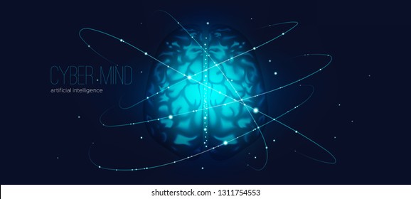 Cyber Mind, Artificial Intelligence Concept. Brain Analysis, Neural Connection Visualization. Futuristic Cyber Technology Innovation, Machine Learning. Big Data Stream between Parts of Cyber Brain.