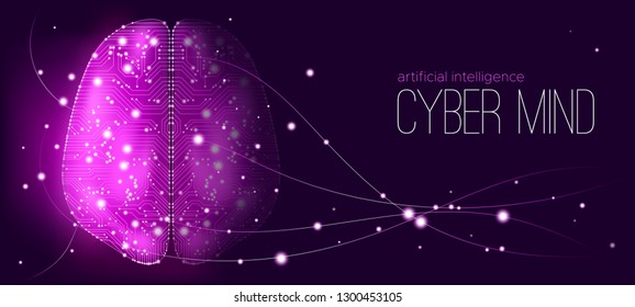 Cyber Mind with Big Data Analysis Visualization. Artificial Intelligence (AI), Machine Learning and Human Brain Study. Presentation of Bid Data Stream, Virtual Reality. Tech Innovation, Modern Science