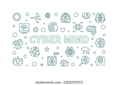 Cyber Mind concept line minimal horizontal banner - vector AI minimal outline illustration