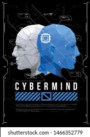 Cyber mind concept poster with low poly head. Futuristic illustration with HUD elements.