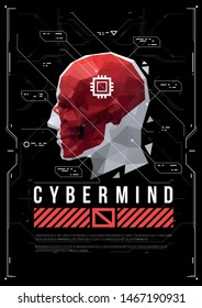 Cyber mind concept poster with low poly head. Futuristic illustration with HUD elements.