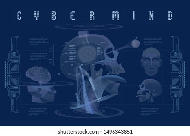 Cyber mind concept poster with low poly head. Futuristic illustration with HUD elements