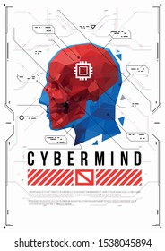 Cyber mind concept poster with low poly head. Futuristic illustration with HUD elements.