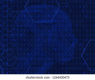 cyber mind concept. vector illustration. artificial intelligence. big data metaphor. machine learning and education. face outline with the electronic board on blue background with binary data