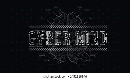 Cyber Mind. Conceptual Layout with HUD elements for print and web. Lettering with futuristic user interface elements.