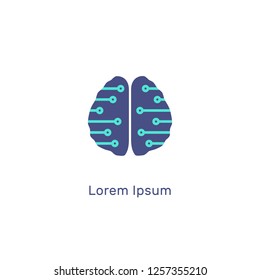 Cyber mind flat logo, human brain, microchip, icon, sticker