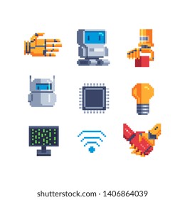 Cyber mind pixel art icons set. Artificial Intelligence Related. Android, Humanoid Robot, Thinking Machine. Design for logo, stickers, web, mobile app. Isolated vector illustration.