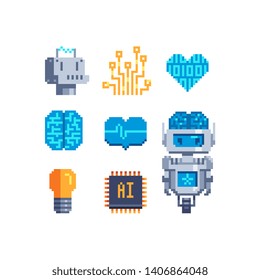 Cyber mind pixel art icons set. Artificial Intelligence Related. Android, Humanoid Robot, Thinking Machine. Design for logo, stickers, web, mobile app. Isolated vector illustration.