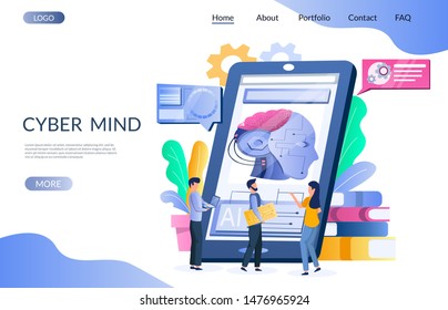 Cyber mind vector website template, web page and landing page design for website and mobile site development. Machine learning, artificial intelligence, cyber technology concept.