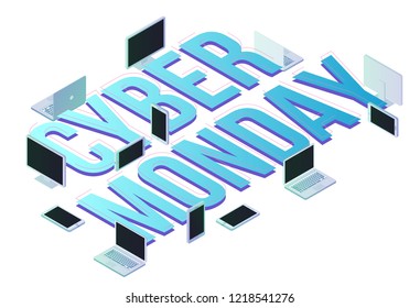 Cyber monday 3d isometric vector illustration with technology devices. Colorful design concept for promotion, branding ads, sale and discount.