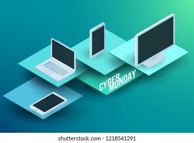 Cyber monday 3d isometric vector illustration with technology devices. Colorful design concept for promotion, branding ads, sale and discount.