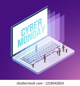 Cyber monday 3d isometric vector illustration with technology devices. Colorful design concept for promotion, branding ads, sale and discount.