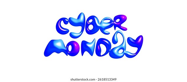 Cyber Monday 3D lettering in glossy liquid style with pink blue neon effect. Perfect for promo banners, sales ads, e-commerce visuals, digital campaigns. Vector illustration.