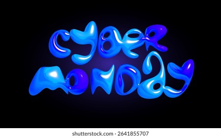 Cyber Monday 3D neon blue lettering on dark background. Glossy futuristic style perfect for promo banners, ecommerce sales, digital marketing visuals. Vector illustration.