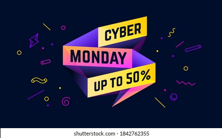 Cyber Monday. 3d sale banner with text Cyber Monday for emotion, motivation. Modern 3d colorful template on black backdrop. Design elements for sale, discount. Vector Illustration