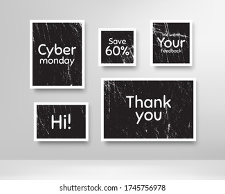 Ciberlunes, 60% de descuento y comentarios. Fotografías negras con arañazos. Gracias frase. Venta de texto de compra. Grunge los marcos de fotos. Imágenes en la pared, álbum de memoria retro. Vector