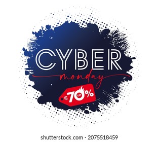 Cyber Monday 70% off discount label, ink grunge banner. Special offer text with red label for best buy template. Autumn advertising vector illustration