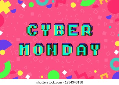 Cyber monday 8-bit pixel art style promotion banner. 3D text effect. Colorful geometric patern. Sale and offer concept