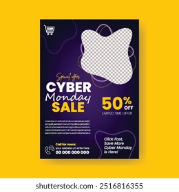 Cyber Monday a4 print flyer or poster template for Online Shopping, Fashion, retail,  e-commerce products sale poster and Online Shopping Discounts sale leaflet brochure design with modern background