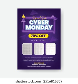 Cyber Monday a4 print flyer or poster template for Online Shopping, Fashion, retail,  e-commerce products sale poster and Online Shopping Discounts sale leaflet brochure design with modern background
