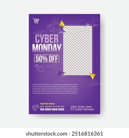 Cyber Monday a4 print flyer or poster template for Online Shopping, Fashion, retail,  e-commerce products sale poster and Online Shopping Discounts sale leaflet brochure design with modern background