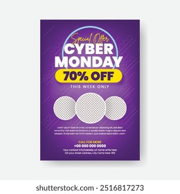 Cyber Monday a4 print flyer or poster template for Online Shopping Discounts sale flyer or poster, Fashion e-commerce products sale leaflet brochure design with modern colorful background