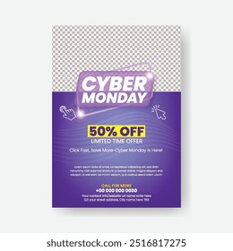 Cyber Monday a4 print flyer or poster template for Online Shopping Discounts sale flyer or poster, Fashion e-commerce products sale leaflet brochure design with modern colorful background