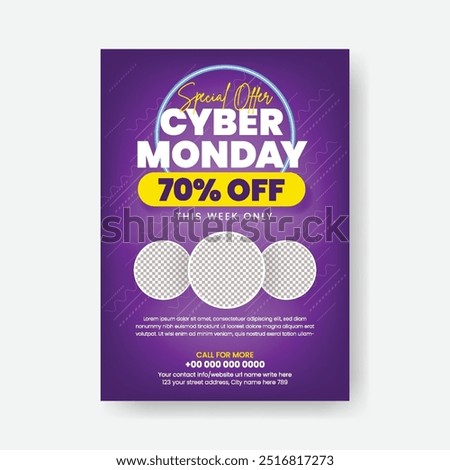Cyber Monday a4 print flyer or poster template for Online Shopping Discounts sale flyer or poster, Fashion e-commerce products sale leaflet brochure design with modern colorful background