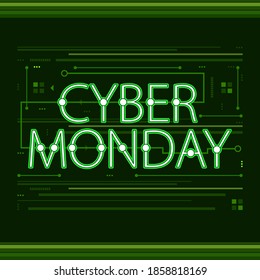 Cyber monday abstract banner with original font on dark mechanical flat style background
