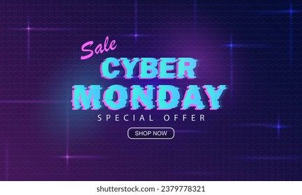 Cyber Monday ad 80s banner with shop button, 3d glossy balloons and neon text 50% off sale. Promo luminous Synthwave background, retro futuristic wallpaper with discount info for online shopping