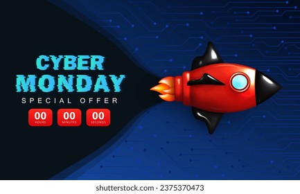 Cyber Montag und High-Tech-Banner mit Rakete, glitzerndem Neontext und Sonderangebot Superverkauf Countdown. Techno-Bildschirmhintergrund, Sci-Fi-Hintergrund mit Discount-Timer und Cartoon-3D-Raumschiff 