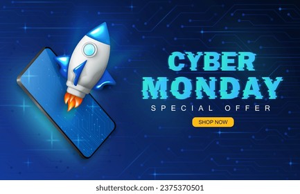 Cyber Montag und High-Tech-Banner mit 3D Cartoon-Rakete, glitzernder Neontext und Shop-Schaltfläche jetzt. Techno-Bildschirmhintergrund oder Webseite mit Rabatt-Sonderangebot und Raumangebot aus dem Telefon