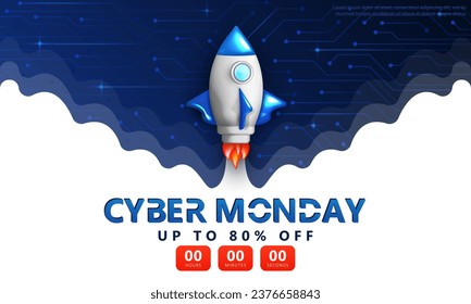 Cyber Monday ad high-tech banner with 3d cartoon rocket, glitched neon text and special offer super sale countdown. Techno wallpaper with discount timer and spaceship launch