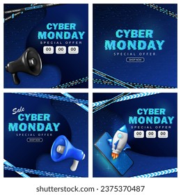 Cyber Monday und High-Tech-Banner mit 3D-Cartoon-Rakete, Barrierebänder, glitzerndem Neontext, Lautsprecher und Verkaufszählung. Technologie-Wallpaper mit Discount-Timer, Megaphon, Bänder und Raumschiff