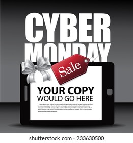 Cyber Monday Ad layout with smartphone bow and tag EPS 10 vector stock illustration