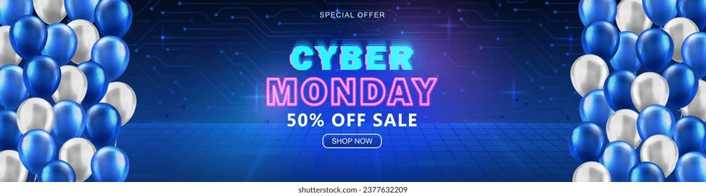 Cyber Monday ad Sci-fi panoramic banner with sale shop button, 3d glossy balloons and neon text. Promo luminous Synthwave header, retro futuristic blue wallpaper with discount info for online shopping