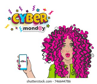 Cyber Monday advertise poster banner. Woman pop art pink hair surprise wow face hold phone. Comic text shop smartphone sale message. Popart kitsch design vector speech bubble vintage colored box.