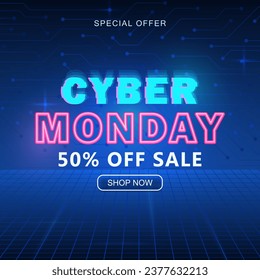 Cyber Monday advertising glowing banner with shop now button and neon text 50% off sale. Promo luminous Synthwave square background, retro futuristic wallpaper with discount info for online shopping