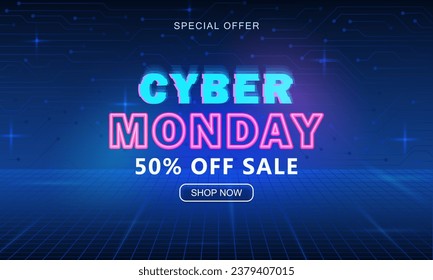 Cyber Monday advertising glowing banner with shop now button and neon text 50% off sale. Promo luminous Synthwave background, retro futuristic wallpaper with discount info for November online shopping