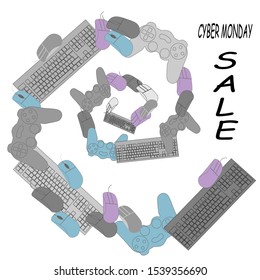 Cyber Monday advertising. Input computer devices flying in a spiral.