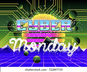 Cyber Monday advertising poster. Retro synth wave landscape