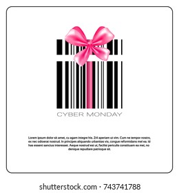 Cyber Monday Background With Bar Code And Pink Bow Sale Banner Design With Copy Space Vector Illustration