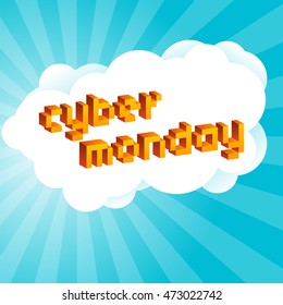 Cyber Monday background. Digital promo text in style of old 8-bit video games. Sale, discount theme. Vibrant 3D Pixel Letters. Vector illustration. Flyer, poster template.