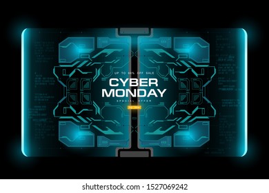 Cyber Monday background with futuristic user interface sale, concept discount banner with hud elements