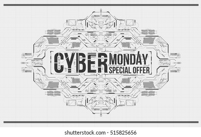 Cyber monday background with futuristic user interface. Sale concept with HUD elements.