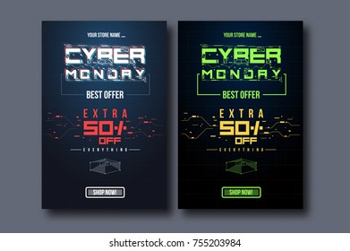 Cyber monday background with futuristic user interface. Sale concept with HUD elements.