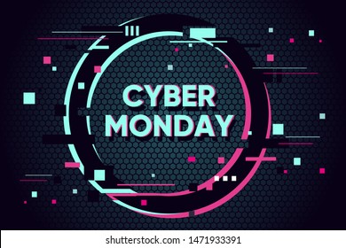 Cyber monday background with glitch effect. Promo sale horizontal banner design. Abstract vector illustration with geometric shape.